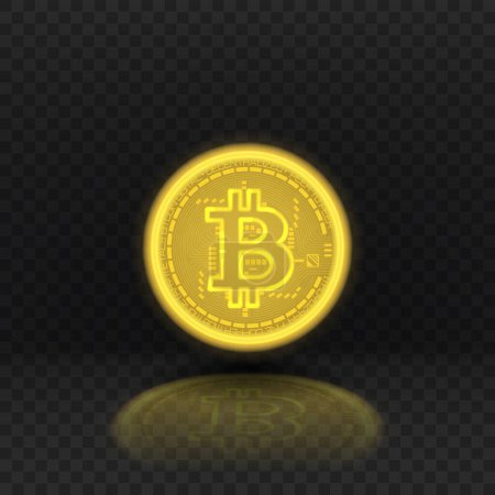 Glowing Bitcoin isolated on checkered background. Neon symbol of digital money coin. Virtual cryptocurrency concept. Vector illustration. Glowing Bitcoin.