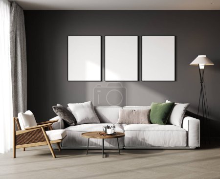 Foto de Tres marcos en blanco se burlan en el interior de la sala de estar moderna, estilo minimalista, representación 3d - Imagen libre de derechos