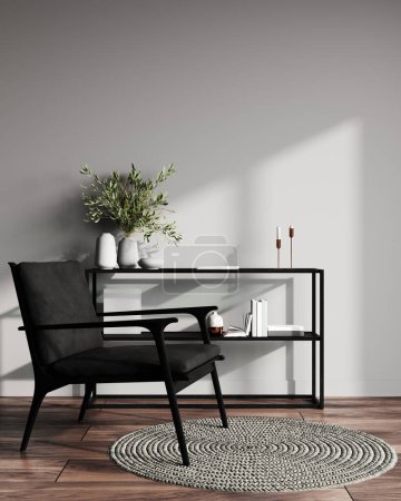 Photo for Minimal interior with black lounge chair, wooden floor and a console with decorations, 3d rendering - Royalty Free Image