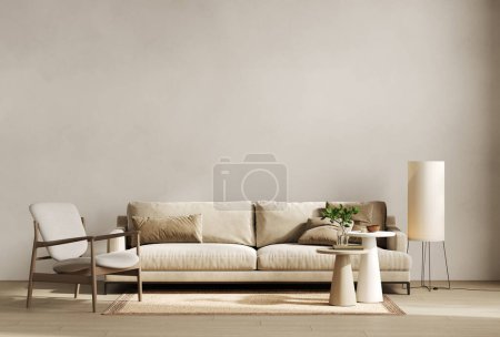 Foto de Interior minimalista contemporáneo beige con sofá, sillón, pared en blanco, mesa de centro y decoración. maqueta de ilustración de renderizado 3d - Imagen libre de derechos