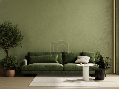 Foto de Inicio mock-up interior con sofá verde, mesa, planta y decoración en salón, 3d renderizado - Imagen libre de derechos