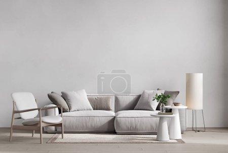 Foto de Interior blanco gris contemporáneo con muebles y decoración. maqueta de ilustración de renderizado 3d. - Imagen libre de derechos