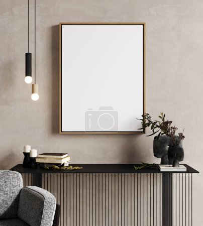 Téléchargez les photos : Modèle de cadre à l'intérieur de la maison avec décoration, salon en beige couleur chaude avec console noire, rendu 3d - en image libre de droit
