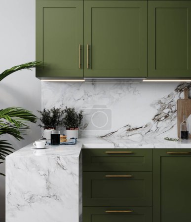Foto de Modern green kitchen interior design, close up, 3d rendering - Imagen libre de derechos