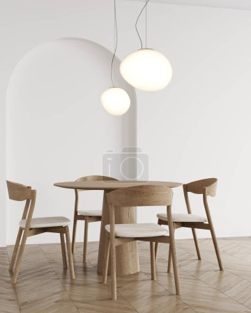 Foto de Inicio interior, moderno luz beige comedor interior con muebles de madera, arco vacío de la pared de la maqueta, 3d render - Imagen libre de derechos
