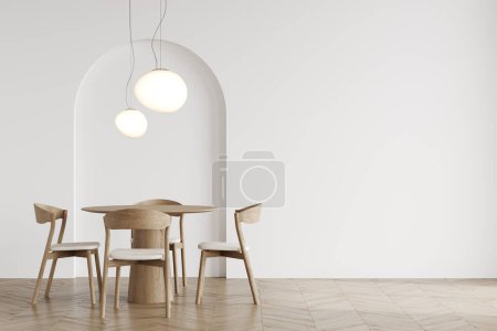 Photo for Modern interior design of apartment, dining room with table and chairs, empty living room with stucco wall, panorama 3d rendering - Royalty Free Image