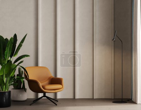 Foto de Interior minimalista contemporáneo beige con sillón marrón cuero, pared decorativa en blanco, maqueta de ilustración 3d - Imagen libre de derechos