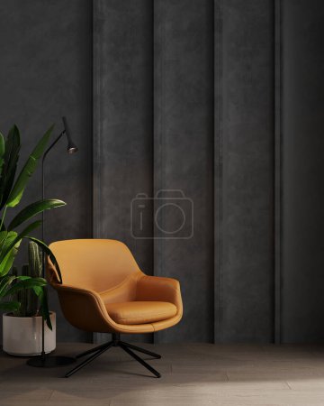 Foto de Dark gray contemporary minimalist interior with leather brown armchair, blank decorative wall, 3d render illustration mockup - Imagen libre de derechos