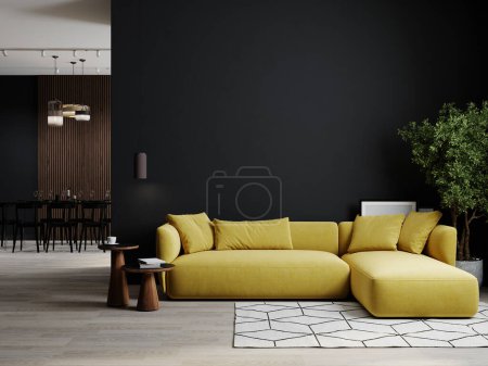 Photo for Dark room interior, living room interior mockup, empty black wall and yellow sofa, 3d rendering - Royalty Free Image