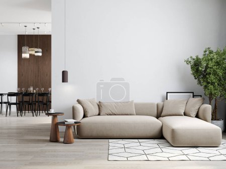 Foto de Minimalista moderno salón fondo interior, sala de estar se burlan de estilo escandinavo, maqueta de pared vacía, 3d renderizado - Imagen libre de derechos