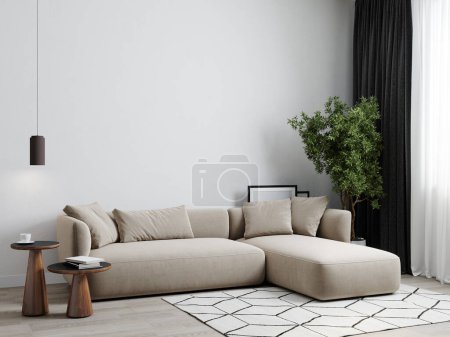 Photo for Bright modern living room mockup, beige sofa on white classic background, panorama, 3d render - Royalty Free Image