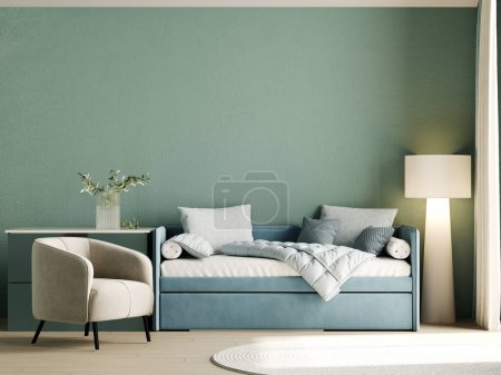 Foto de Modern kids bedroom with cozy bed, green wall mock up, children room with blue bed, 3d rendering - Imagen libre de derechos