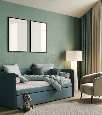 Foto de Two poster frames mockup in modern kids bedroom with cozy bed, green wall and blue bed, 3d rendering - Imagen libre de derechos