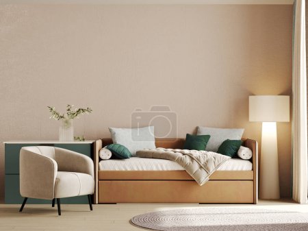 Photo for Wall beige mockup in children room interior background, 3D render - Royalty Free Image