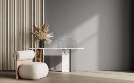 Minimalistisch grauer, moderner Wohnzimmerhintergrund, Wohnzimmerattrappe im skandinavischen Stil, leere Wandattrappe, 3D-Rendering