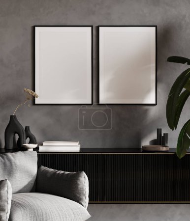 Téléchargez les photos : Two frame mockup in stylish interior with decoration, living room in gray color with black console, 3d render - en image libre de droit
