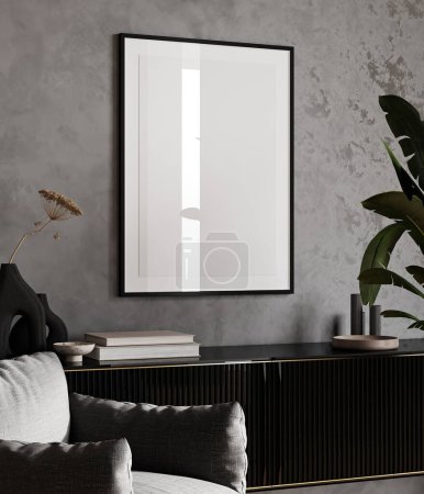 Téléchargez les photos : Frame mockup in luxury interior with decoration, living room in gray color with black console, 3d render - en image libre de droit