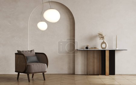 Foto de Inicio maqueta, habitación blanca con muebles de madera natural, silla elegante, estilo escandi-boho, 3d render - Imagen libre de derechos
