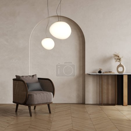Foto de Minimalista beige moderna sala de estar interior de fondo, sala de estar se burlan de la pared del arco escandinavo maqueta, 3d representación - Imagen libre de derechos