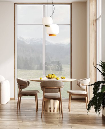 Téléchargez les photos : Intérieur minimaliste contemporain beige avec table, chaise, fenêtre panoramique et décor. Modélisation d'illustration de rendu 3d. - en image libre de droit