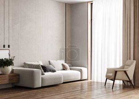 Foto de Elegante salón beige interior con sofá y sillón, ventana panorámica, representación 3d - Imagen libre de derechos
