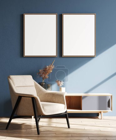 Téléchargez les photos : Cadre à deux affiches verticales maquette dans le salon intérieur bleu avec fauteuil et buffet, fond intérieur moderne du salon, rendu 3d - en image libre de droit