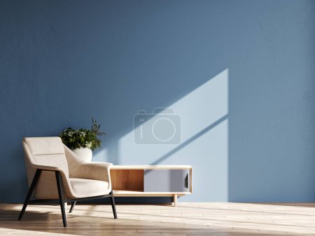 Téléchargez les photos : Salon en couleur tendance 2023 année. Fond mural bleu avec fauteuil beige. 3d rendu - en image libre de droit