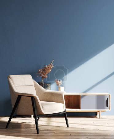 Téléchargez les photos : Salon intérieur avec fauteuil et fleur, fond maquillé mur bleu, rendu 3D - en image libre de droit