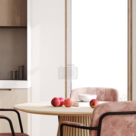 Photo for Close up in bright kitchen interior with pink chairs and apples, Scandinavian style, 3d render - Royalty Free Image