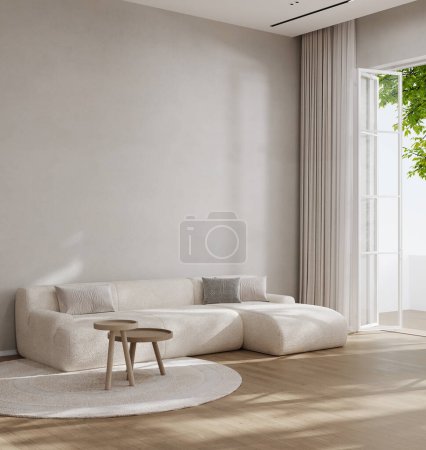 Foto de Minimalista moderno salón fondo interior, sala de estar se burlan de estilo escandinavo, maqueta de pared vacía, 3d renderizado - Imagen libre de derechos