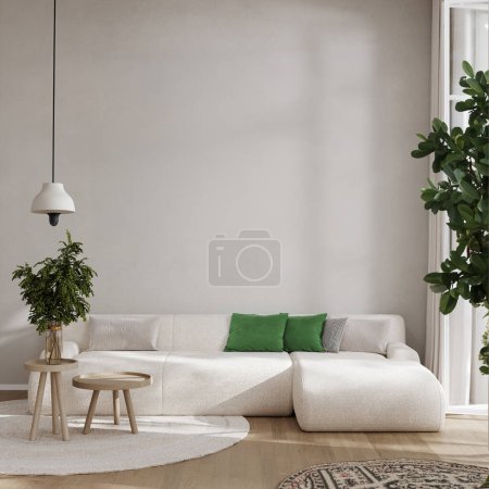 Foto de Interior de la sala de estar blanco y verde con sofá, planta y pared vacía, 3d render - Imagen libre de derechos