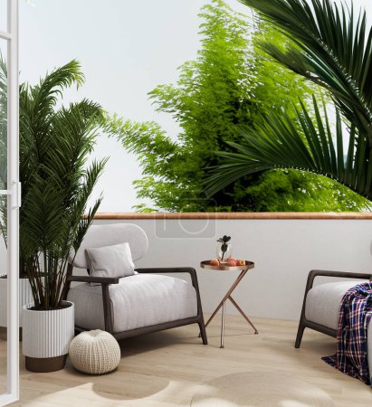 Téléchargez les photos : Balcon ou véranda dans une maison ou un appartement moderne avec fauteuil et plante confortable, rendu 3d - en image libre de droit