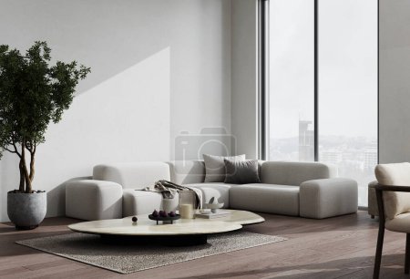 Téléchargez les photos : Élégant salon intérieur avec canapé gris maquette, fond intérieur moderne, mur gris vide maquette, illustration 3D - en image libre de droit