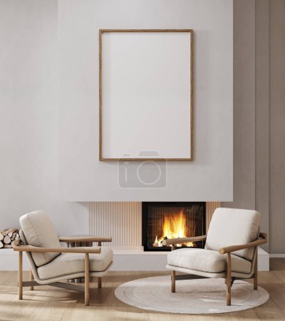 Foto de Marco de madera maqueta en el interior de la sala de estar minimalista con chimenea moderna, sillón y paredes de yeso beige, 3d render - Imagen libre de derechos