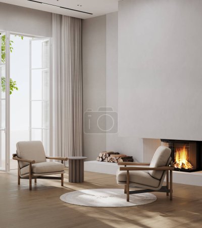 Foto de Moderna sala de estar interior con chimenea, sillones y ventana francesa, maqueta interior, IA generativa - Imagen libre de derechos