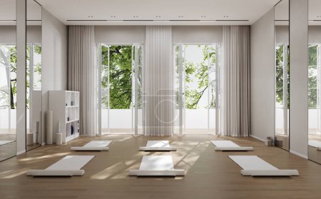 Téléchargez les photos : Intérieur élégant de classe de yoga avec équipement sportif et fenêtre panoramique, rendu 3D - en image libre de droit