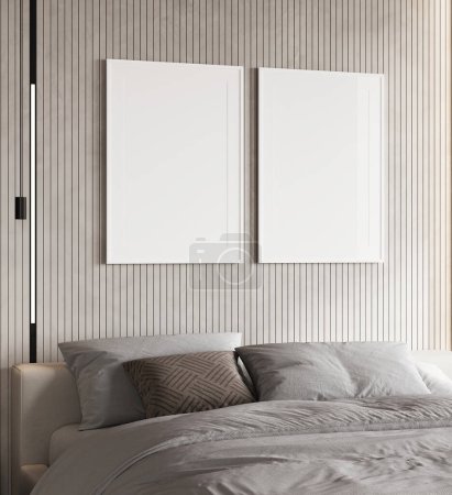 Téléchargez les photos : Deux cadres d'affiche vierges dans l'intérieur de la chambre à coucher moderne pour la maquette, illustration 3D - en image libre de droit