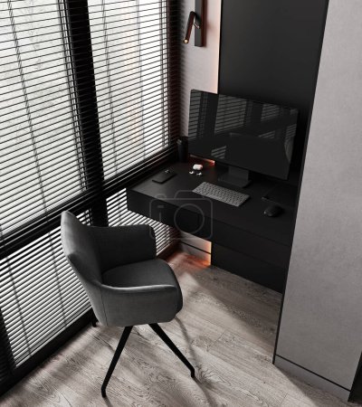 Photo for Modern minimalistic home workplace with PC and gray chair, 3d rendering - Royalty Free Image