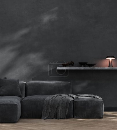 Photo for Dark living room interior with gray plaster wall, black stylish sofa, 3d render - Royalty Free Image