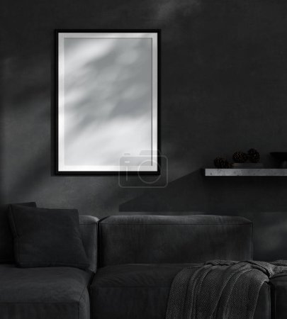 Téléchargez les photos : Cadre affiche Mockup en fond intérieur noir moderne, style scandinave, rendu 3D, illustration 3D - en image libre de droit