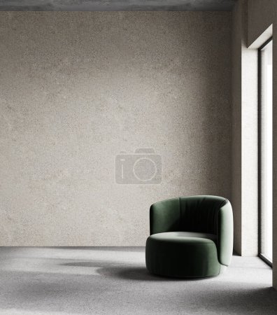 Téléchargez les photos : Salon minimaliste intérieur avec fauteuil moderne et murs en plâtre beige. Modèle intérieur, rendu 3d - en image libre de droit