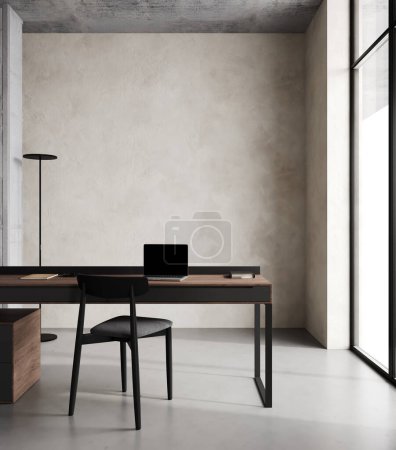 Foto de Moderno lugar de trabajo de oficina minimalista en el hogar con PC y silla negra, renderizado 3d - Imagen libre de derechos