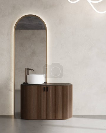 Téléchargez les photos : Intérieur de la salle de bain avec mur décoratif en plâtre, meubles en bois, miroir avec évier, rendu 3d - en image libre de droit
