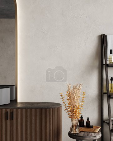 Téléchargez les photos : Mur en plâtre vide maquette dans la salle de bain moderne avec lavabo, miroir et mur en béton décoratif, rendu 3d - en image libre de droit