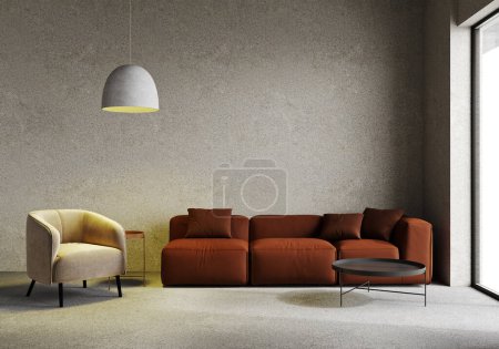 Foto de Luminoso interior de la sala de estar con pared de yeso gris, sofá elegante marrón y sillón beige, 3d render - Imagen libre de derechos