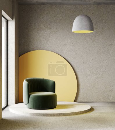 Foto de Moderno salón interior con pared de yeso gris y sillón verde con estilo, 3d render - Imagen libre de derechos