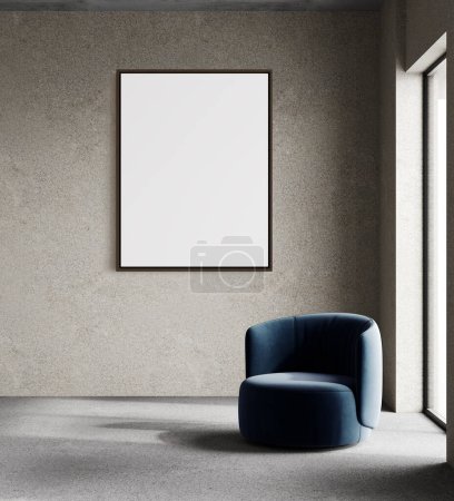 Téléchargez les photos : Grande maquette de cadre d'affiche à l'intérieur minimaliste avec fauteuil bleu et mur en plâtre gris, rendu 3d - en image libre de droit