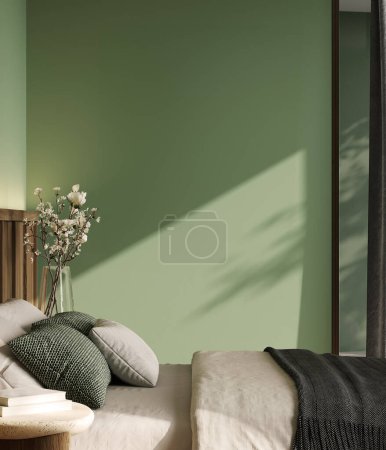 Téléchargez les photos : Modélisation intérieure de la chambre à coucher avec maquette murale verte vide, rendu 3d - en image libre de droit