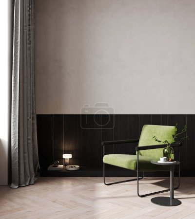 Téléchargez les photos : Élégant intérieur de la chambre, console avec décor près du mur avec fauteuil vert et plancher en bois, visualisation 3D - en image libre de droit