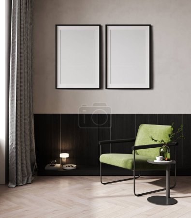 Photo for Two vertical poster frame mock up in scandinavian style living room interior, modern living room interior background, 3d rendering - Royalty Free Image